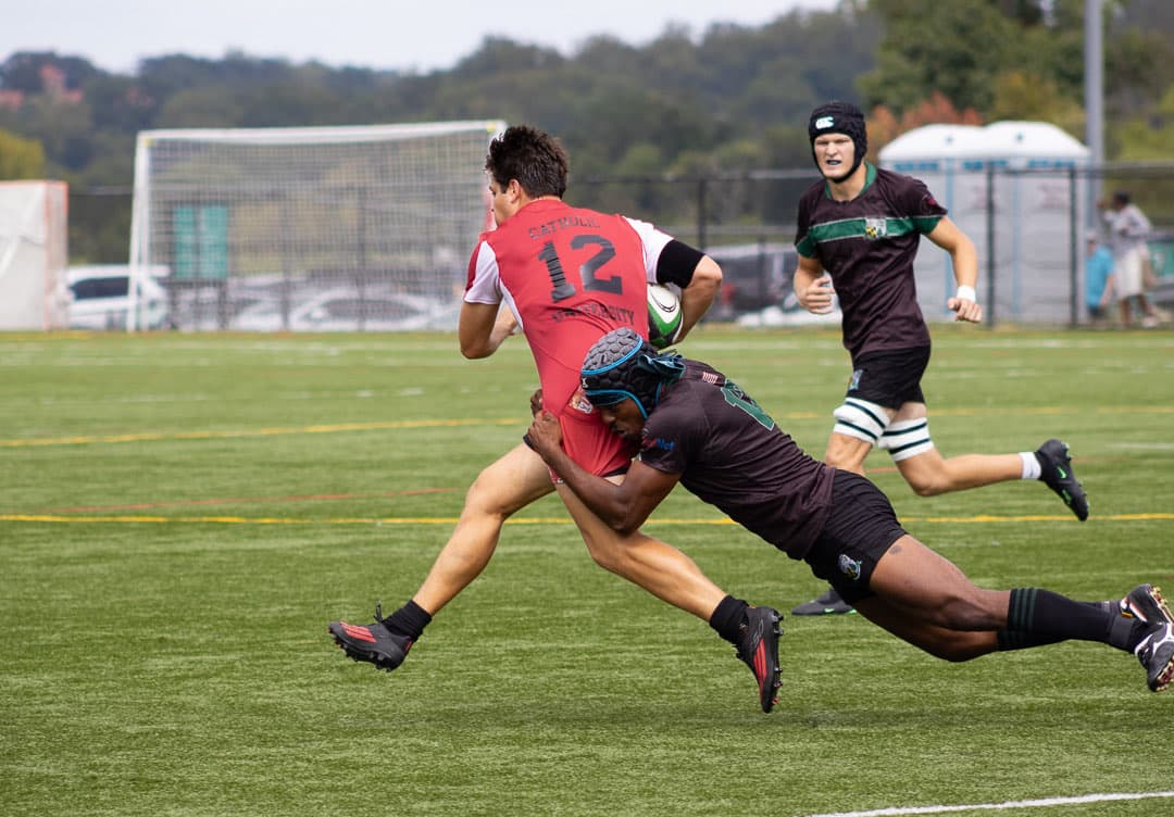 A tackle in midfield