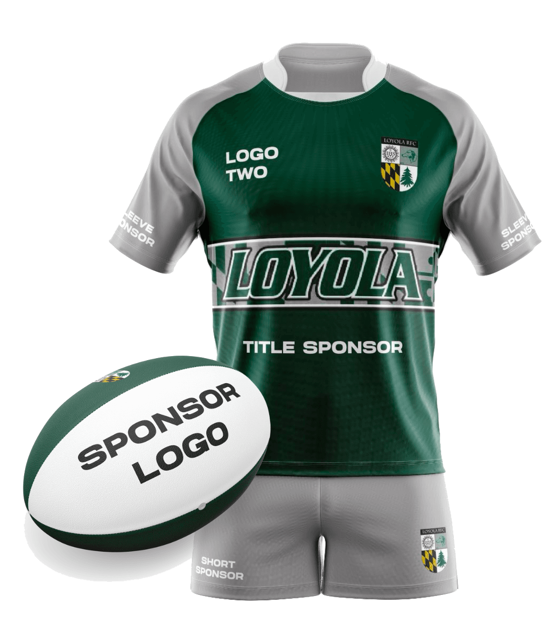 Loyola Rugby kit and match ball showing the available sponsor placements: a title sponsor across the chest, a second logo on the upper chest, both sleeves, the shorts, and the ball